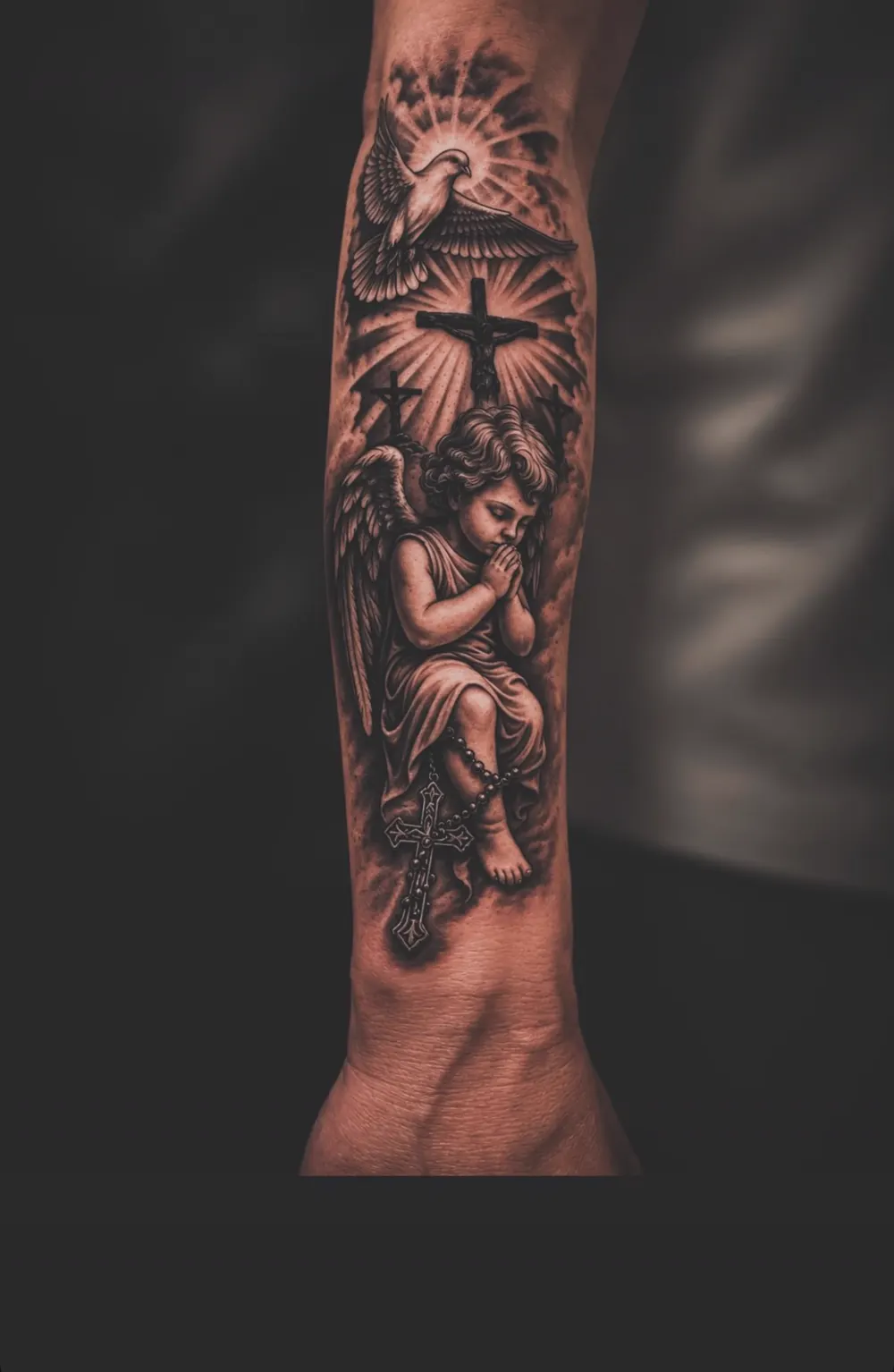Kreuz mit Engel als Black-and-Grey-Tattoo am Unterarm