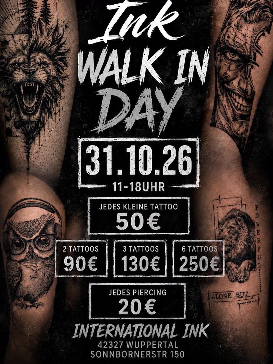 Flyer Walk-in Day am 31.10.2026, 11 bis 18 Uhr: jedes kleine Tattoo 50 Euro, 2 Tattoos 90 Euro, 3 Tattoos 130 Euro, 6 Tattoos 250 Euro, jedes Piercing 20 Euro. International Ink, Sonnborner Str. 150, 42327 Wuppertal.